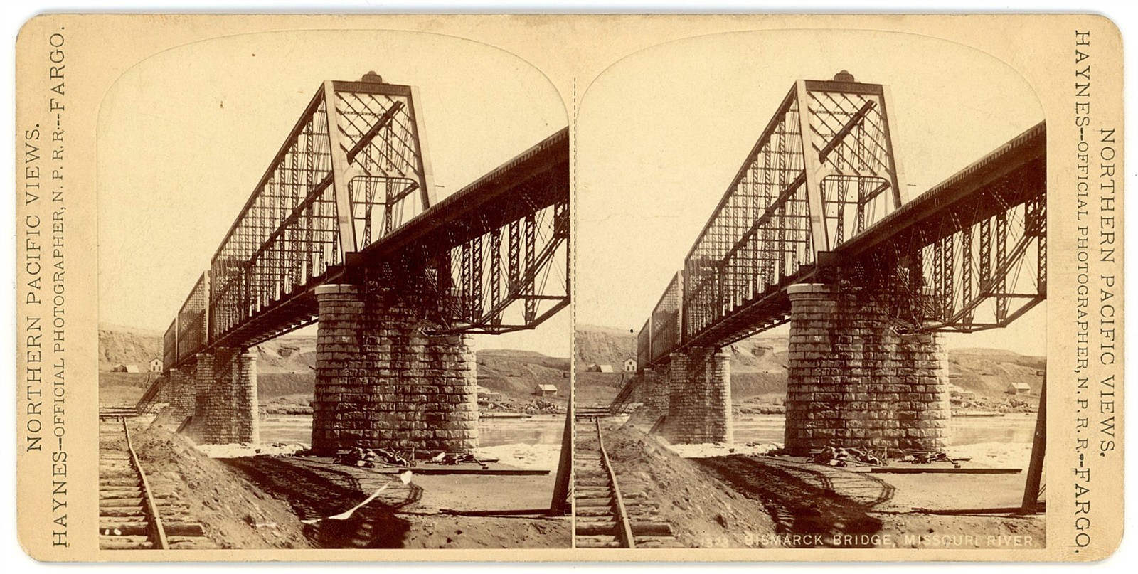 NORTH DAKOTA STEREOVIEW - Bismarck - Missouri River Bridge - FJ Haynes 1880s