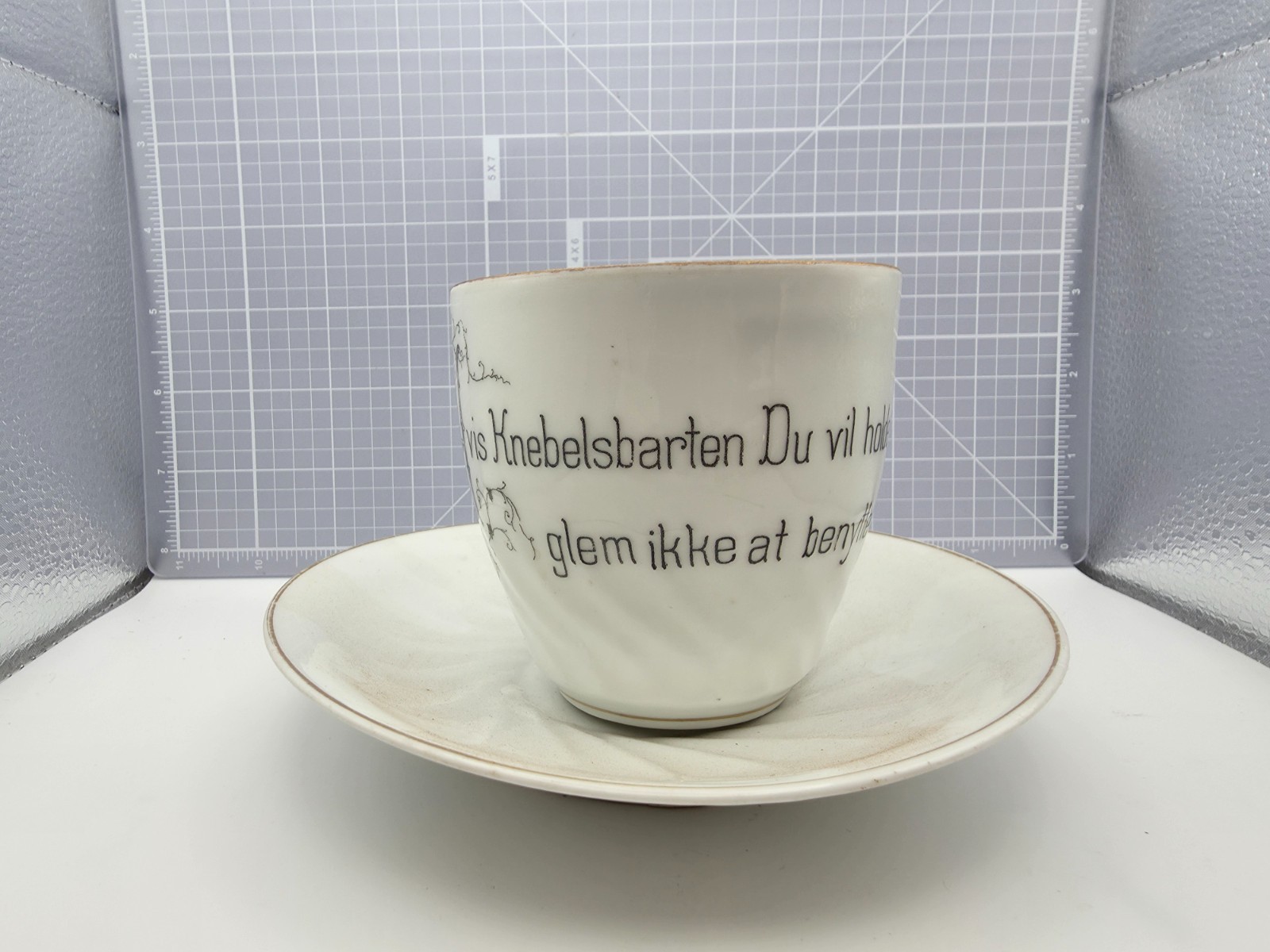 Antique Porsgrund Norway Mustache Cup Saucer c1908 Porcelain Bartekopp