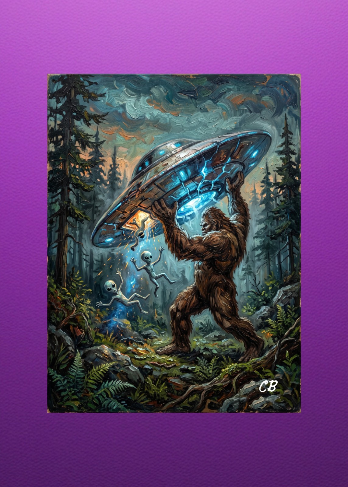 Bigfoot vs UFO ACEO Giclee Print | Cryptid Sci-Fi Art | Alien Encounter Card
