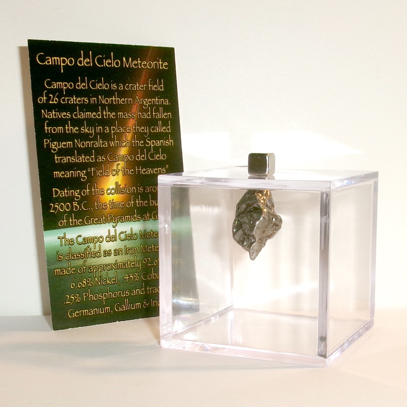 Meteorite and Display Cube 10.4 gram Genuine Campo del Cielo Meteorite with COA
