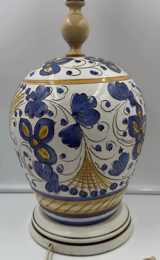 VTG Majolica Hand Painted Italian Lamp WORKS Gorgeous Floral Geo Blue ITALY