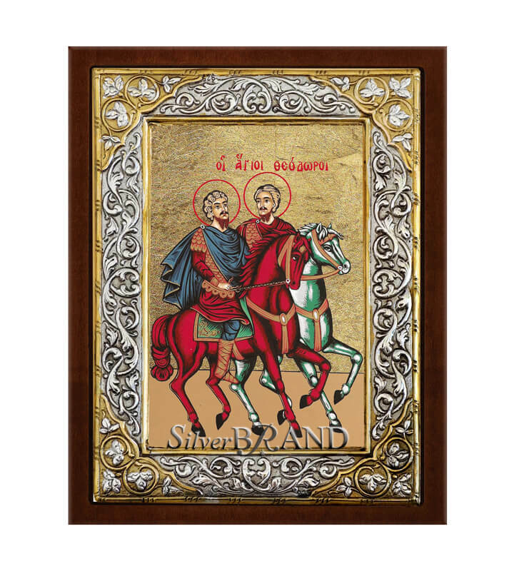 Greek Orthodox Silver Icon Saints Theodores Hagiography 26x20cm