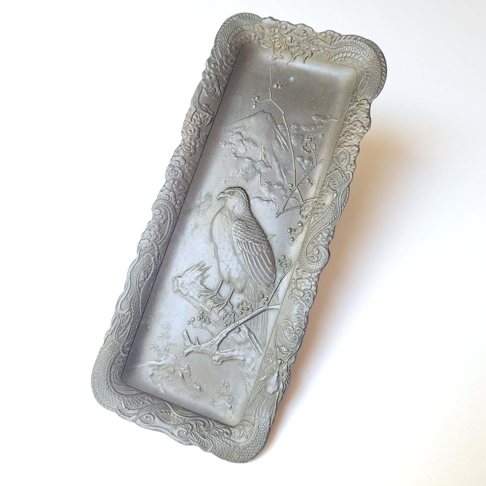 Antique Meiji Japanese Antimony Pewter Pen Tray Mt Fuji Hawk Dragon 19th Century Antique Meiji Japanese Antimony Pewter Pen Tray Mt Fuji Hawk Dragon 19th Century