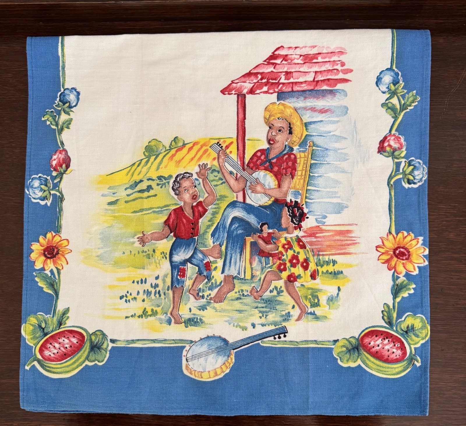 Vintage Black Americana Kitchen Tea Towel Banjo Watermelon Blue Border Vintage Black Americana Kitchen Tea Towel Banjo Watermelon Blue Border