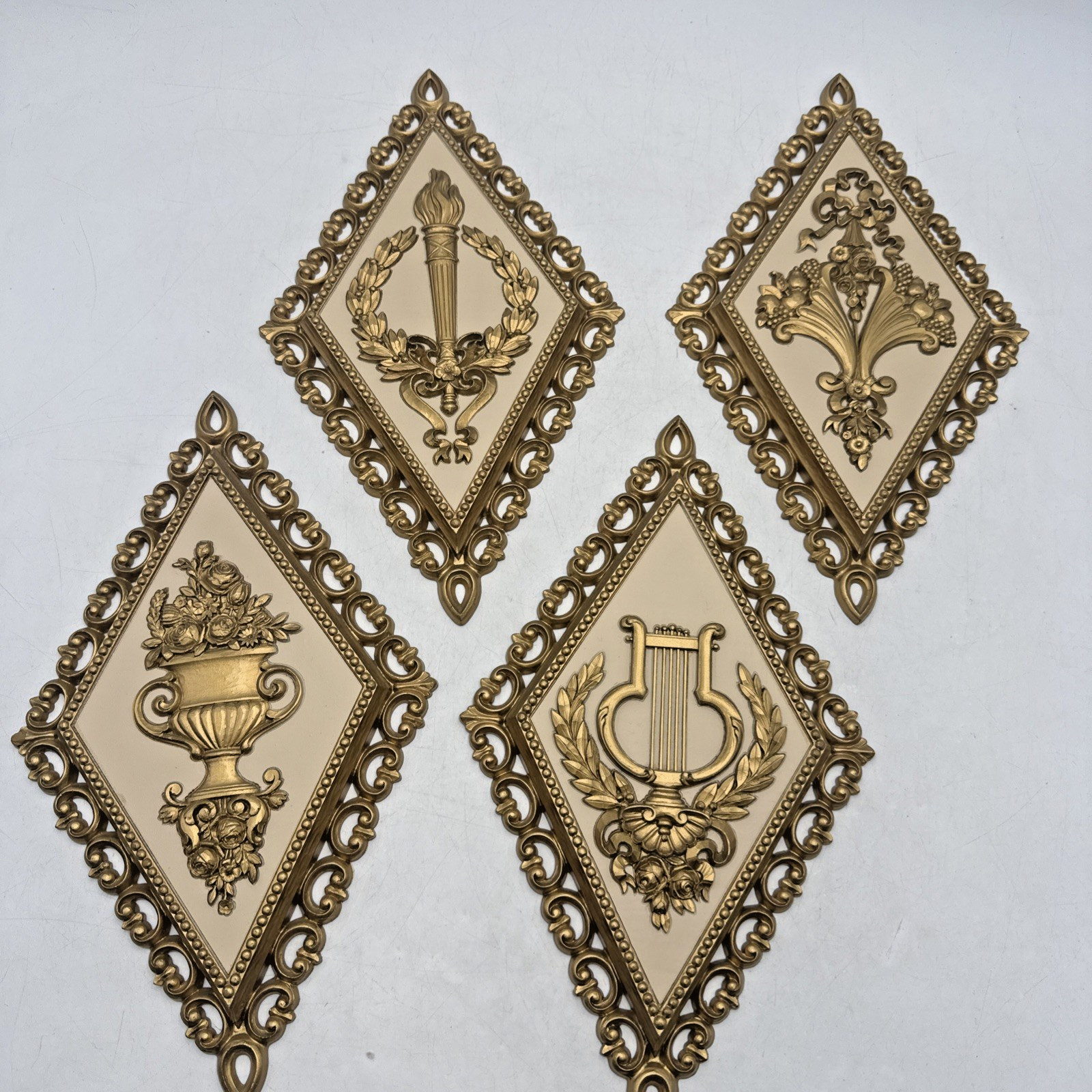 4 Vtg MCM Homco Syroco Gold Diamond Shape Roman Wall Plaques 1971 Made in USA 4 Vtg MCM Homco Syroco Gold Diamond Shape Roman Wall Plaques 1971 Made in USA