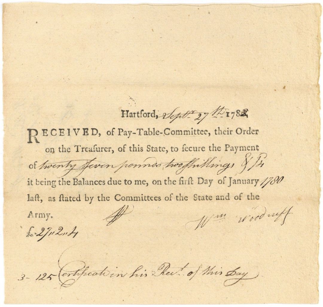 1780\'s dated Pay Order - Connecticut - Receipt from the Pay-Table Committee -