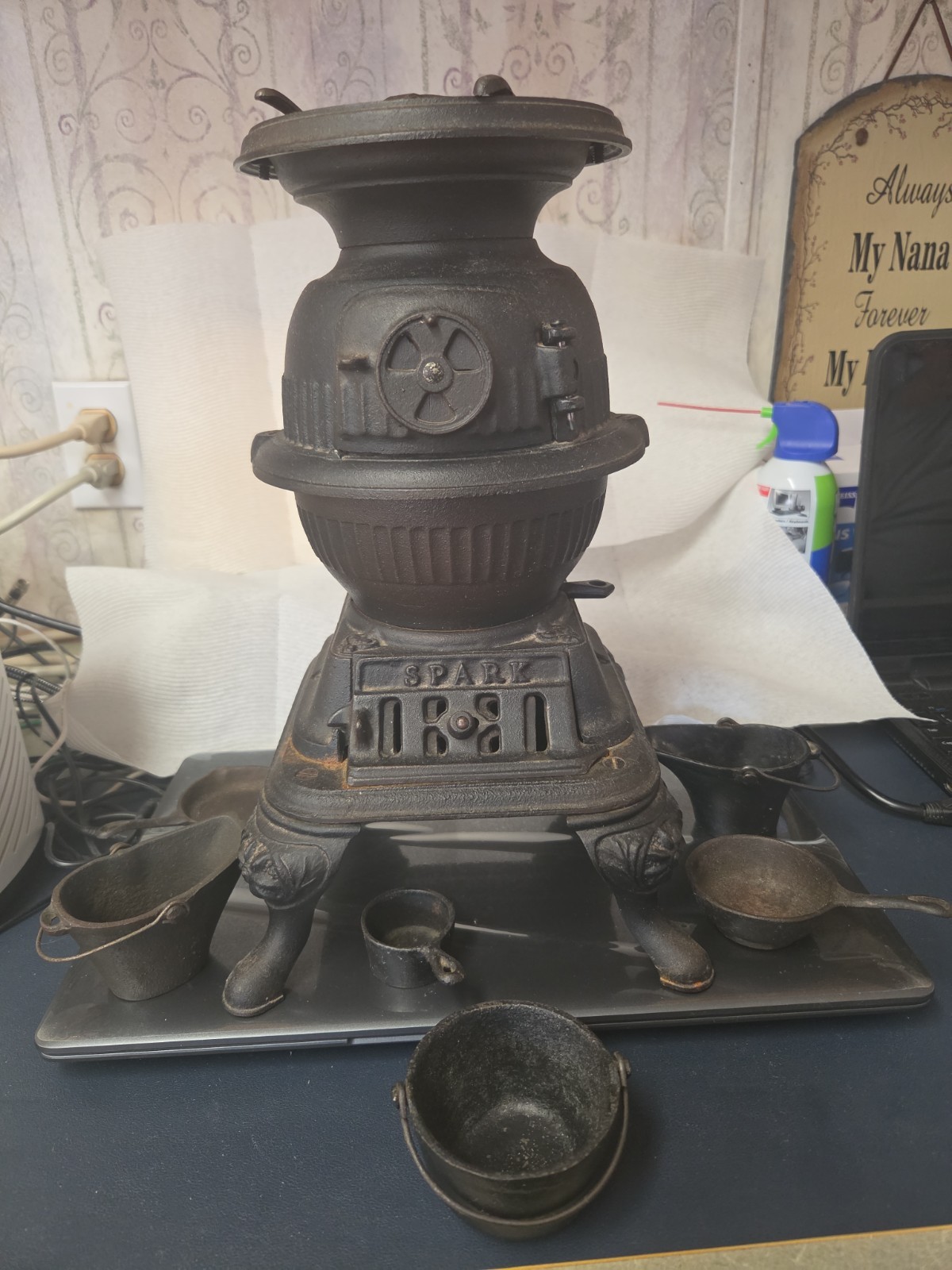 Antique Vintage Mini Cast Iron Wood Stove w Door, Ash Catcher & Vent Collector 