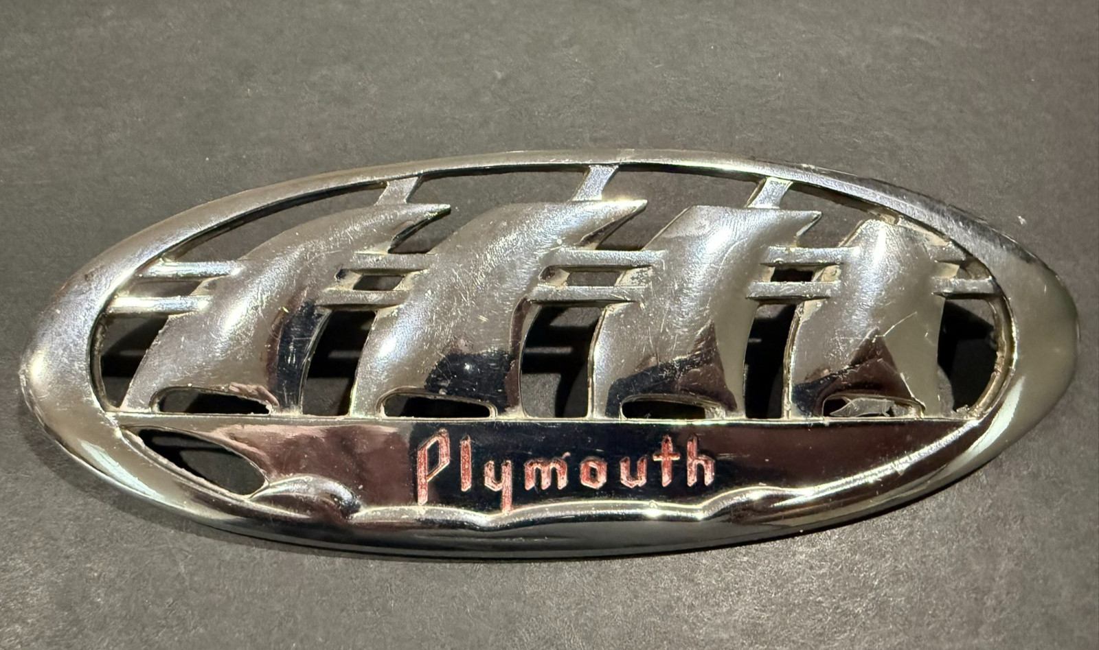 Vintage 1938 Plymouth Sails Chrome Trunk Lid Badge Emblem