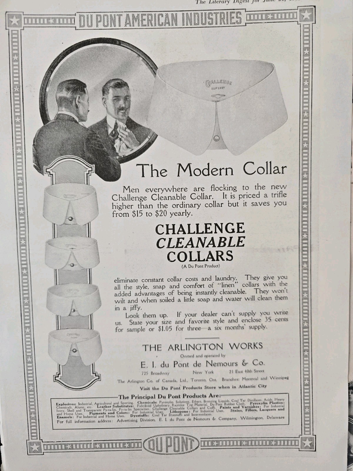 1919 Men\'s Challenge Cleanable Arlington Works  Dupont Shirt Collars Vintage Ad 