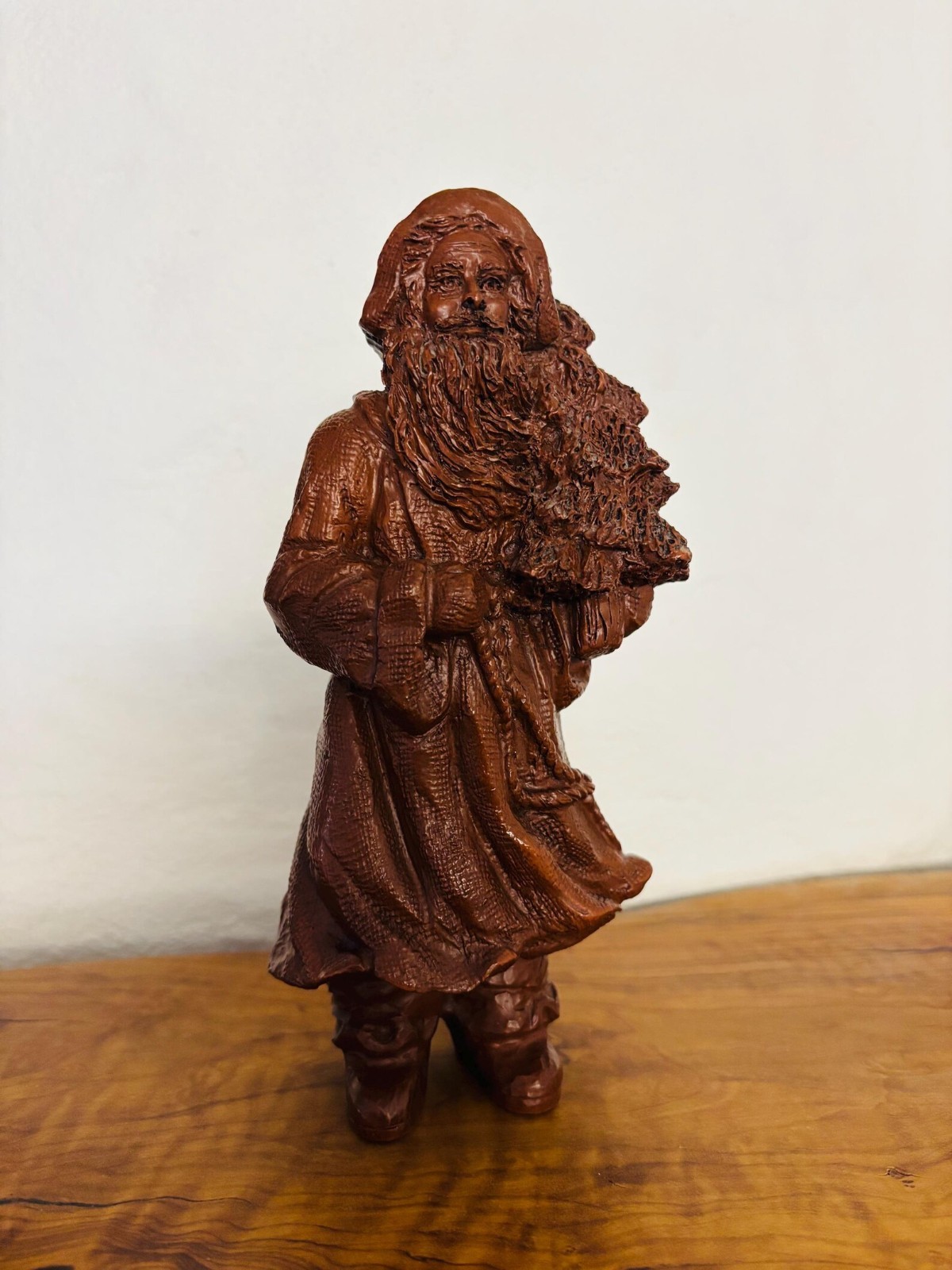 Vintage 1997 Santa Claus Figurine with Christmas Tree Rustic Folk Art