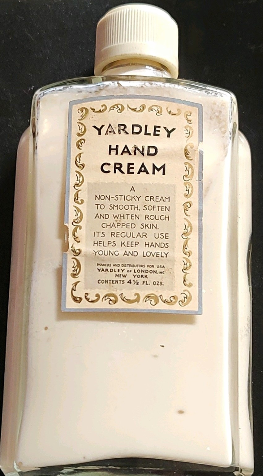 Vintage 1940s Yardley Hand Cream Glass Bottle 4.5 oz - Original Lotion & Label -