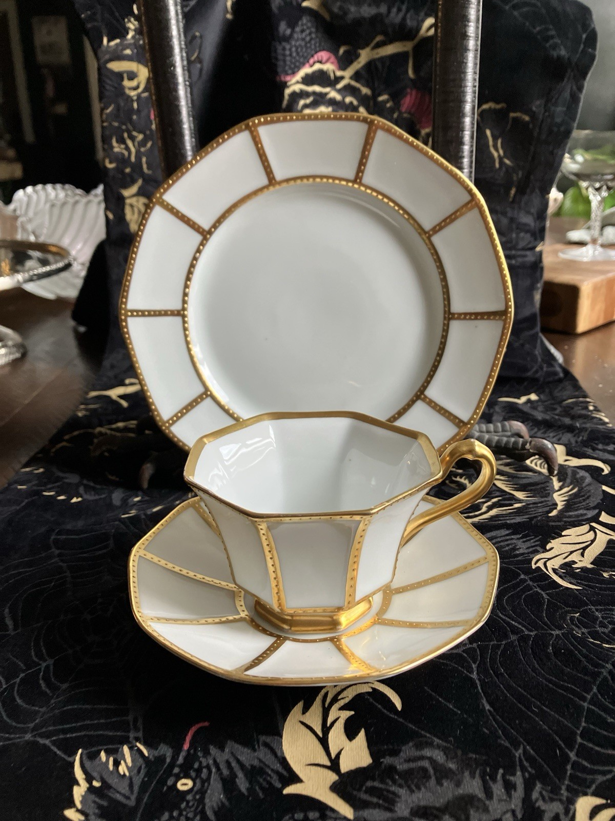 Vtg Tirschenreuth Bavaria Art Deco Teacup Saucer Trio Set Gold Octagon Germany
