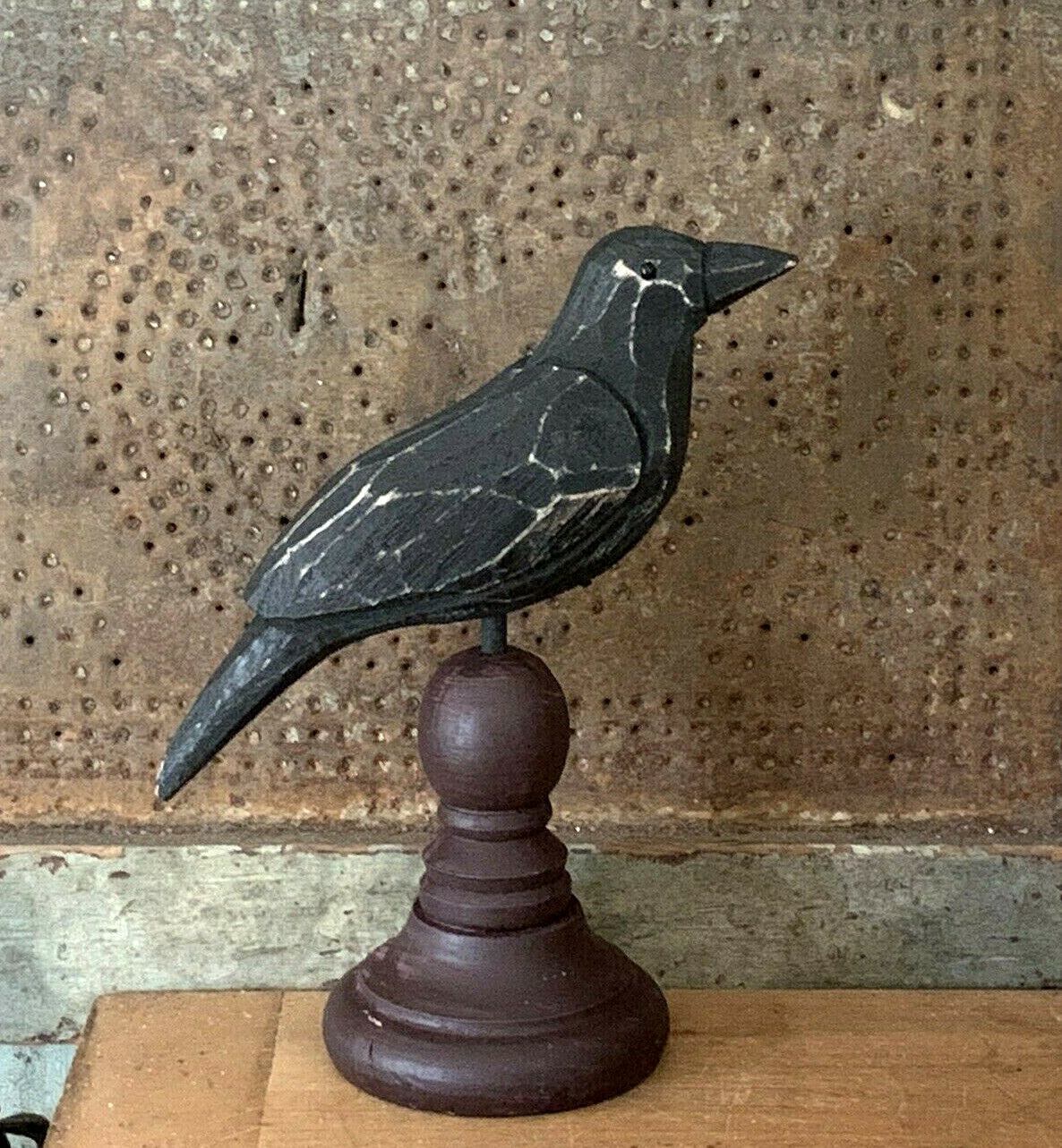 Grubby Primitive carved Wood Crow Raven Pedestal Spindle Halloween Figure 8 Grubby Primitive carved Wood Crow Raven Pedestal Spindle Halloween Figure 8