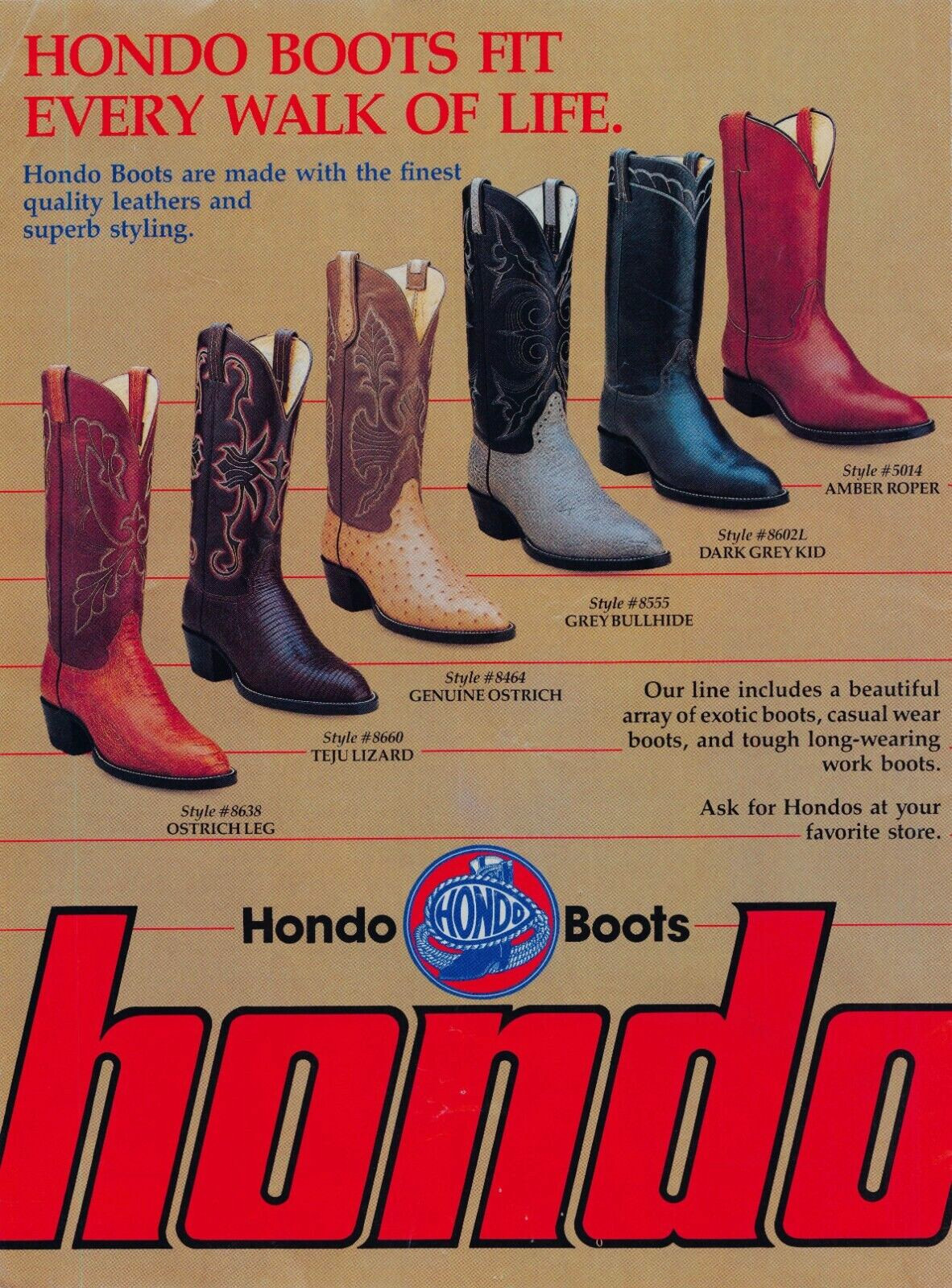 Hondo Boots Exotic Ostrich Lizard Fit Every Walk of Life Vtg Magazine Print Ad