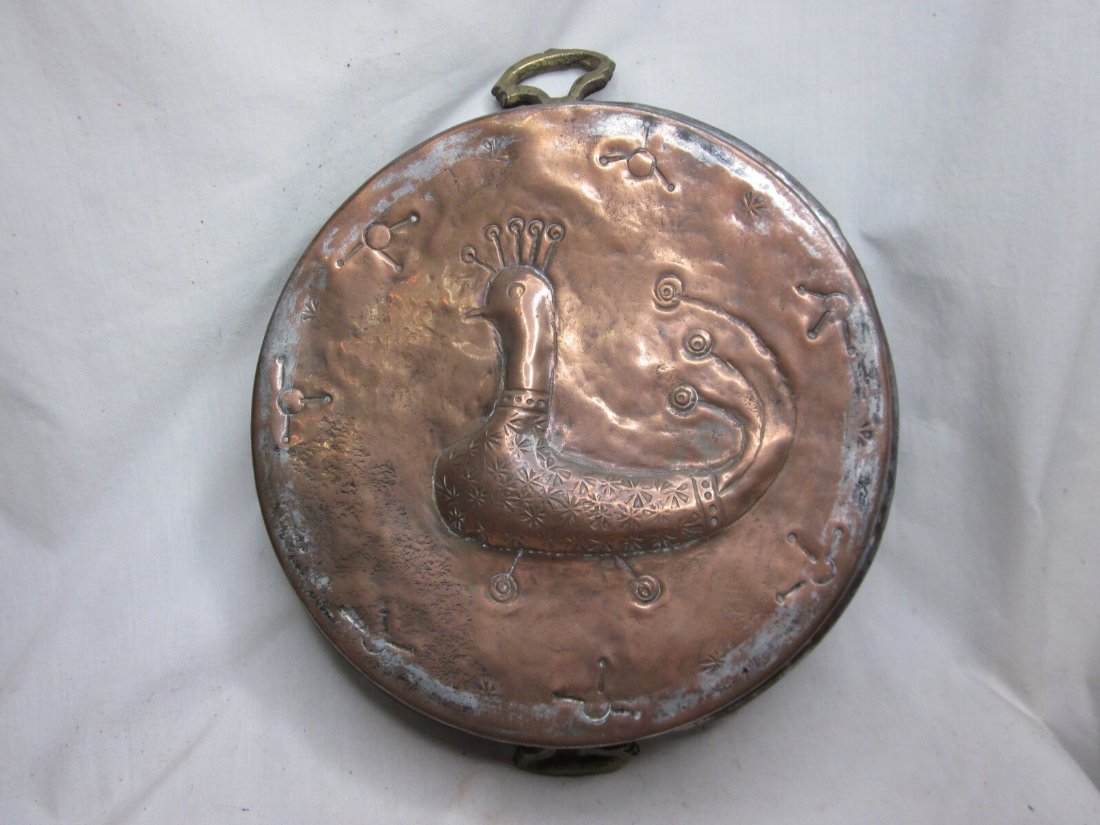 rare antique hammered copper tinned brass handle pan primitive peacock art rare antique hammered copper tinned brass handle pan primitive peacock art