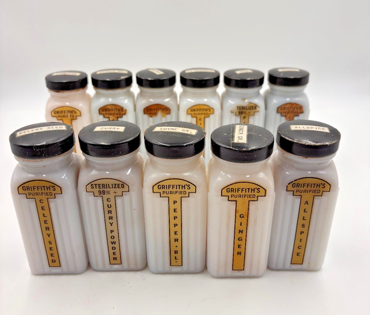 Griffith\'s Purified Milk Glass Spice Jars Lot Of 11 Vintage Chicago Kitchen