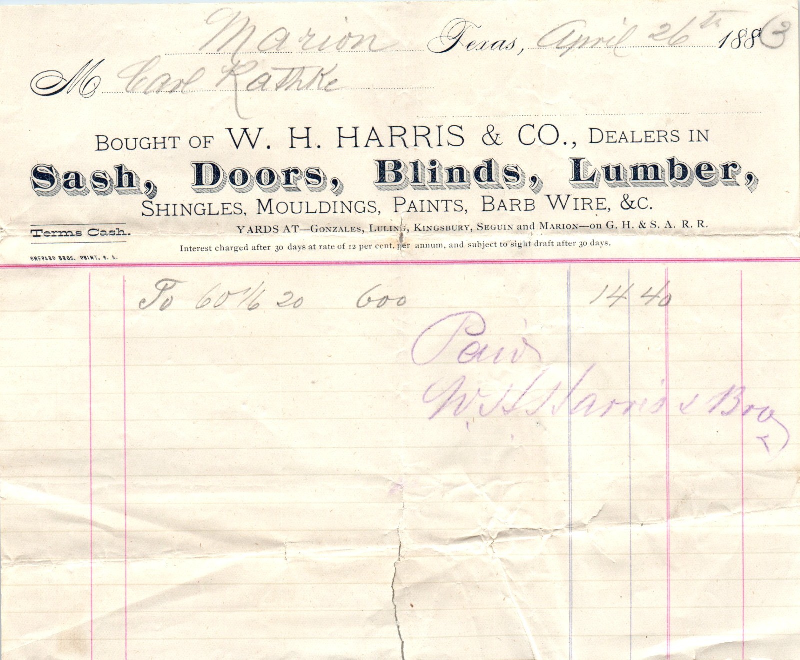 1883 W. H. Harris & Co. Marion Texas April 26th 1883 Billhead Letterhead