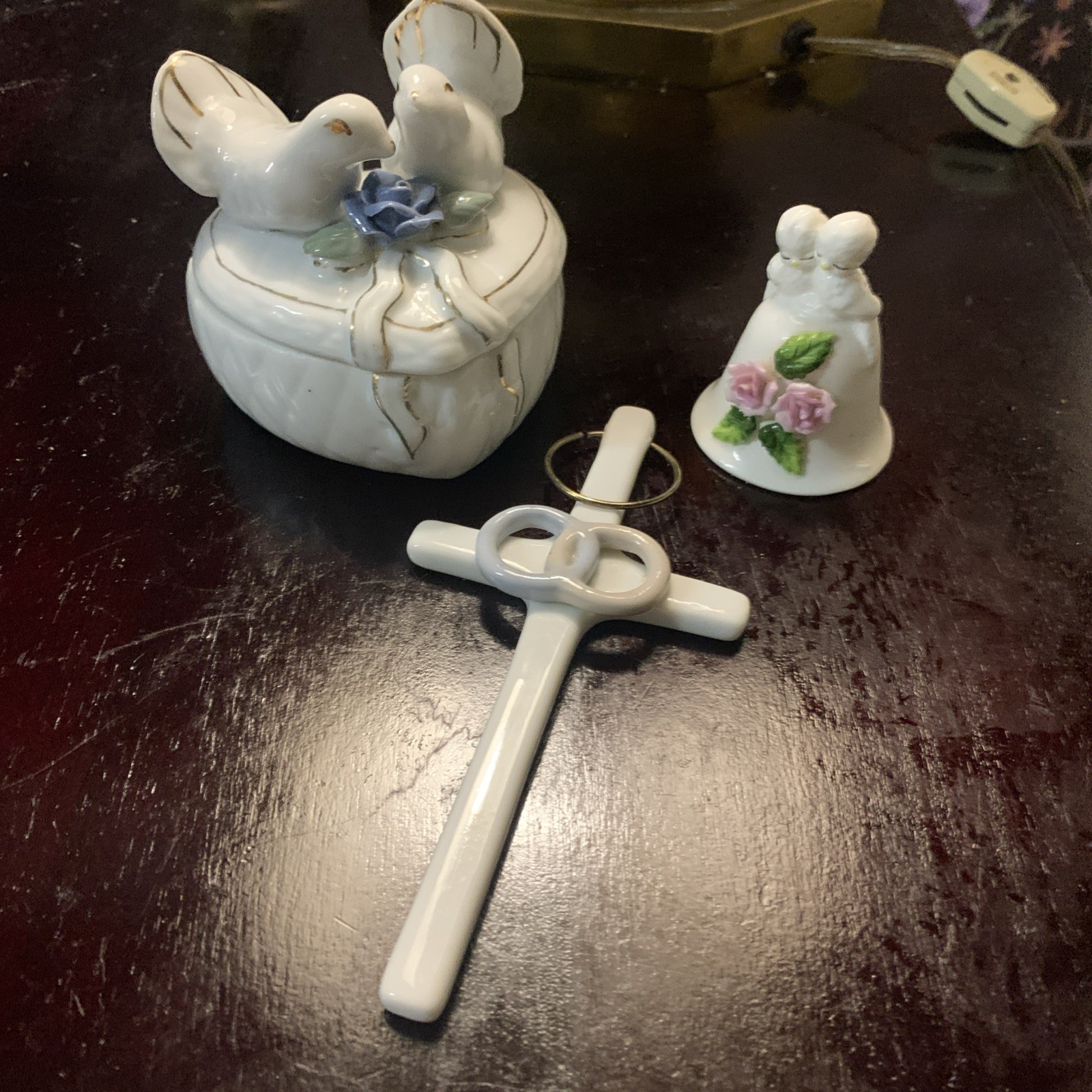 Vtg Wedding Anniversary Porcelain Lot Autom Cross Doves Heart Trinket Box Bell