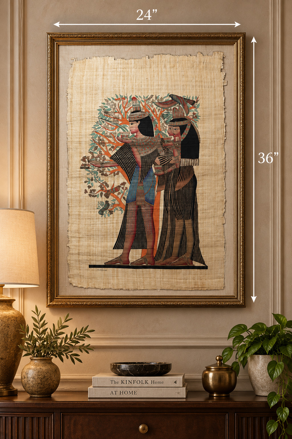 Large 36x24 Egyptian Papyrus Royal Women Birds Tree Painting Signed Egypt Large 36x24 Egyptian Papyrus Royal Women Birds Tree Painting Signed Egypt