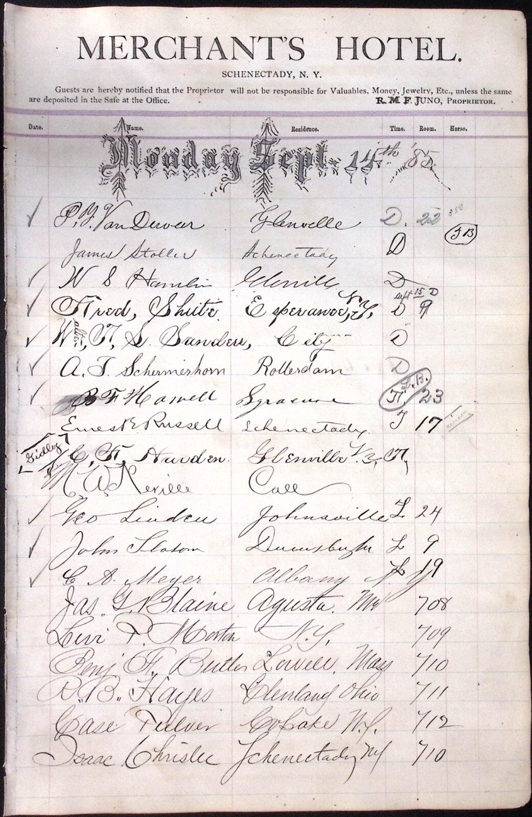 Sept 14 1885 Merchants Hotel Schenectady NY Hotel Ledger Guest Registry Page