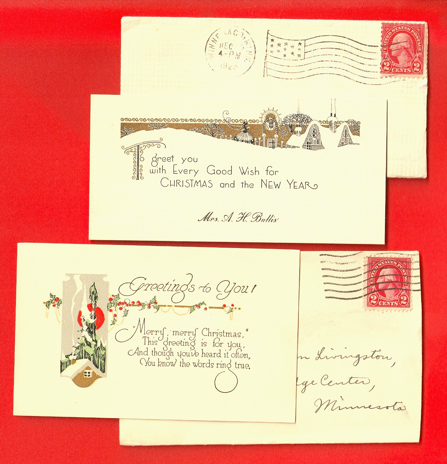 Antique  1920 & 1924 CHRISTMAS CARDS in 2 cent stamped envelopes 