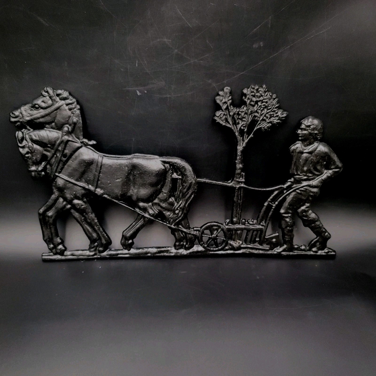 Vintage Plowing Farmer  Horses Scene Wall Decor Black Metal Big ¹⁷