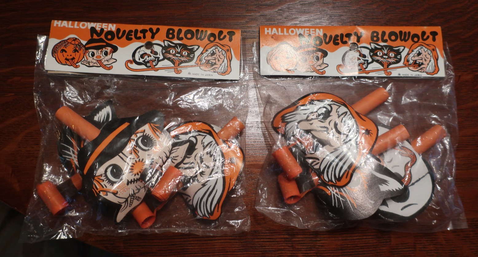 2 Vtg. NIP Halloween Novelty Blowout Skull, Witches, Black Cats, Scarecrow Japan 2 Vtg. NIP Halloween Novelty Blowout Skull, Witches, Black Cats, Scarecrow Japan