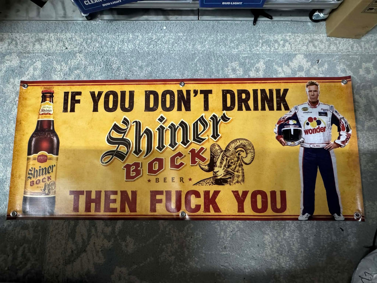 Shiner Bock Ricky Bobby Banner 48x20 Funny Beer Racing Bar Mancave Garage Wall