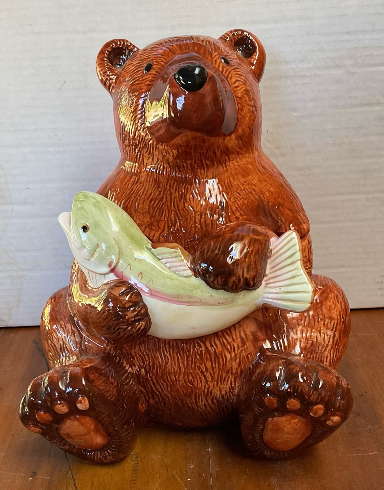 Vintage Brown Bear Holding Trout Fish Ceramic Cookie Jar 10.5 Vintage Brown Bear Holding Trout Fish Ceramic Cookie Jar 10.5