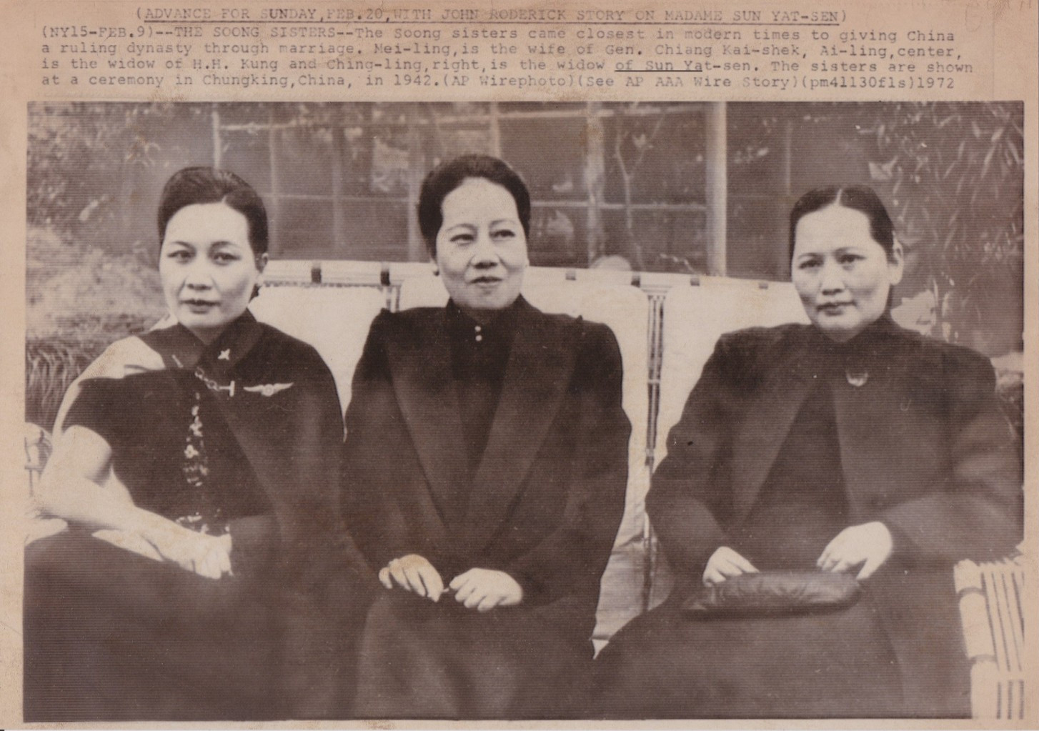 1972 Press Photo Chinese Soong Sisters at Chongqing, China, in 1942