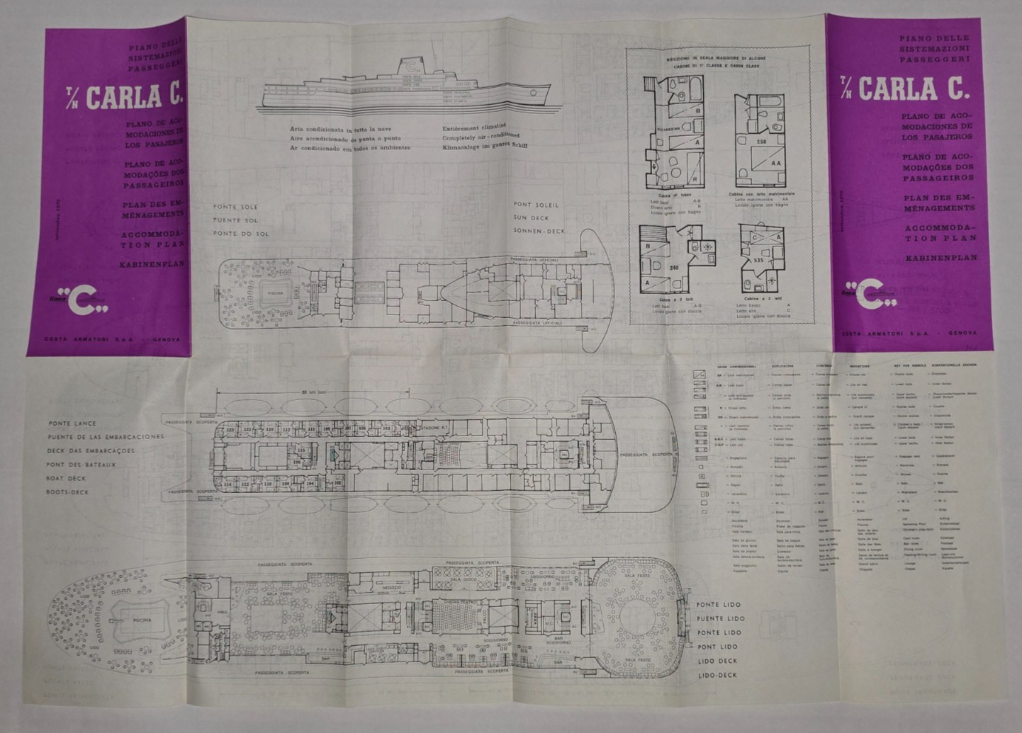 1970 Costa Armatori T/N Carla C Cruise Ship Passenger Deck Plan Brochure 24x16