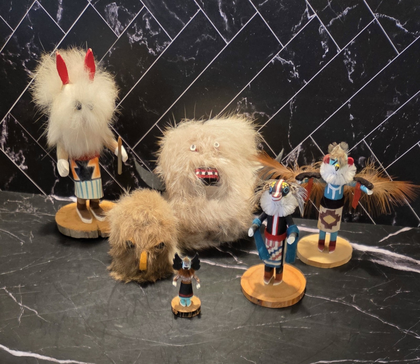 Vintage Navajo Style Kachina Doll Set of 6 - Handcrafted Folk Art Fur & Leather