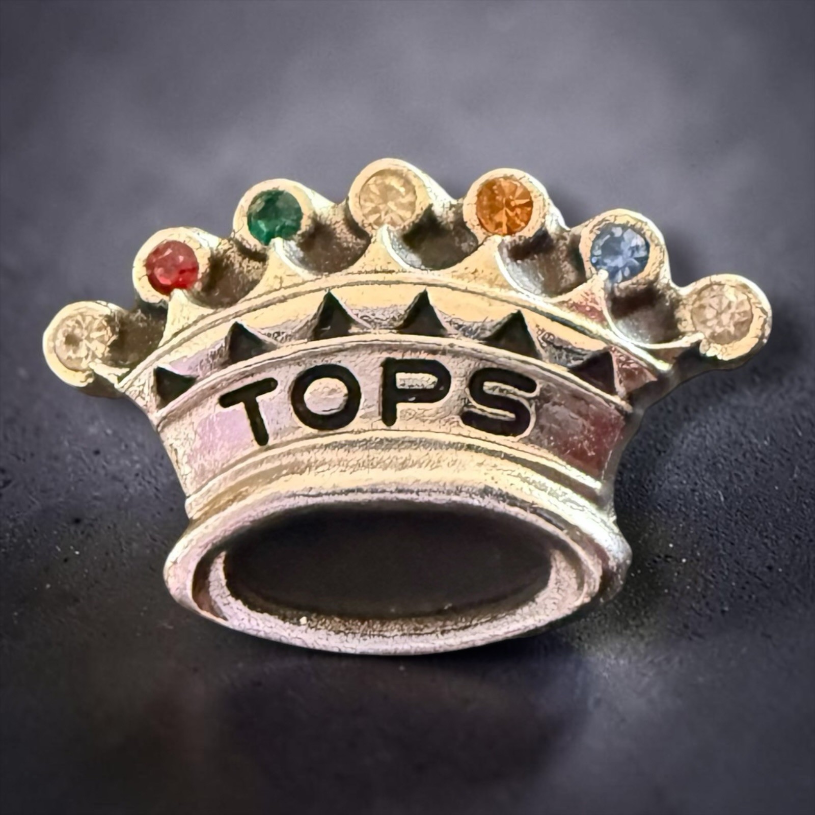 TOPS Crown Brooch Multicolor Rhinestone Silver Tone Vintage Royal Tiara Pin