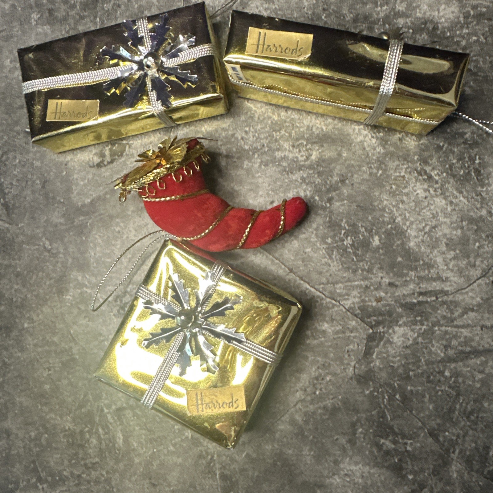 3 Vintage HARRODS DEPARTMENT STORE Foil Wrapped Christmas Present Ornaments