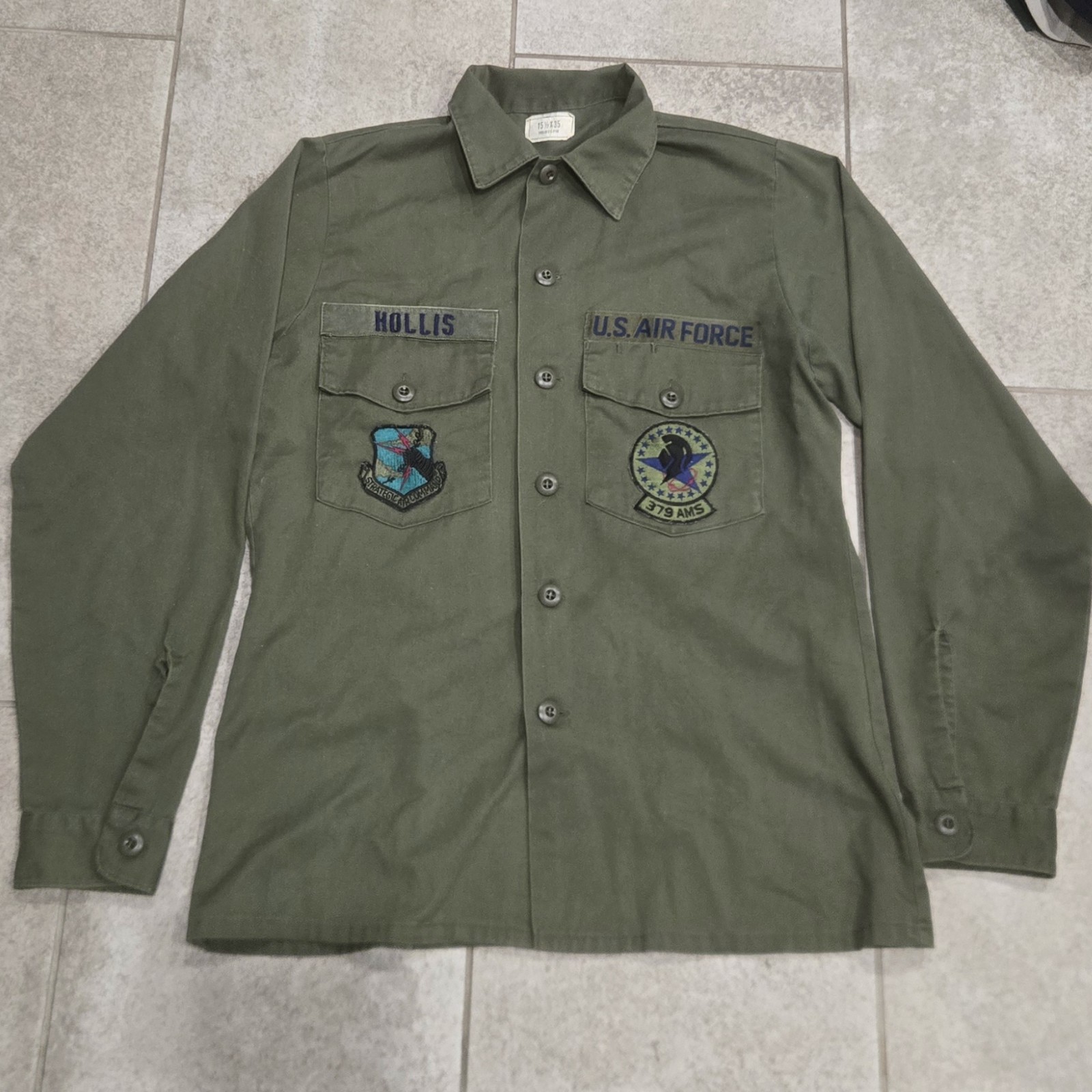 Vtg 1985 USAF OG-507 Utility Shirt 15.5x35 Medium Patched Strategic Air Command