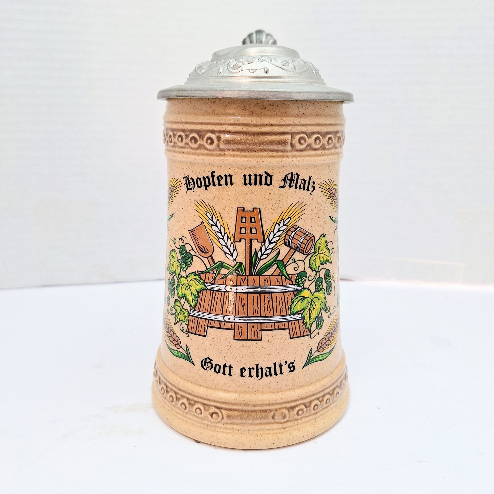 Vintage Hopfen n. Malz Gott erhalt\'s Lidded Ceramic Beer Stein 7 Inch