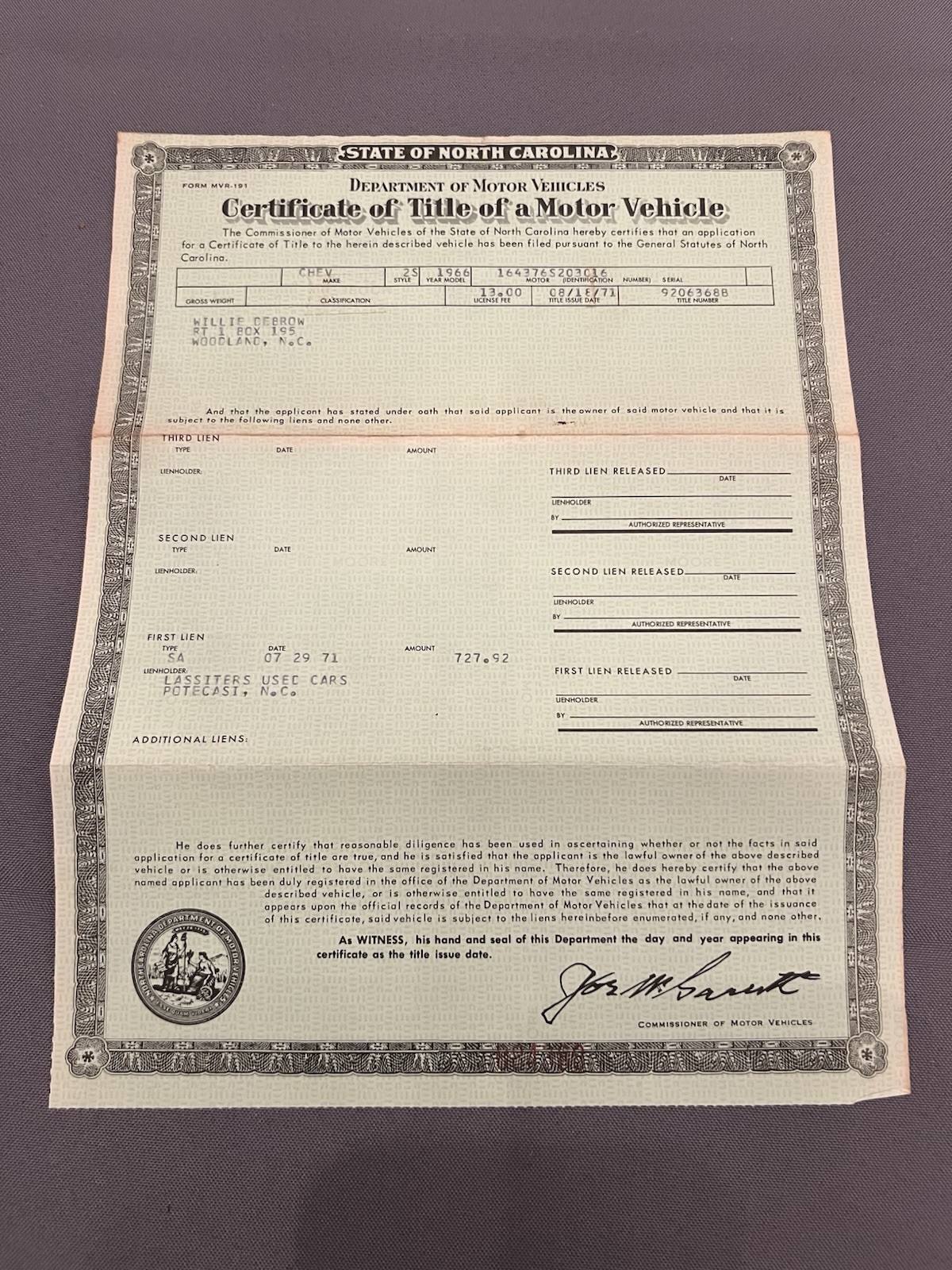 Genuine Original 1966 Chevrolet Impala 2 Door Hardtop NC Car Title 164376 Genuine Original 1966 Chevrolet Impala 2 Door Hardtop NC Car Title 164376