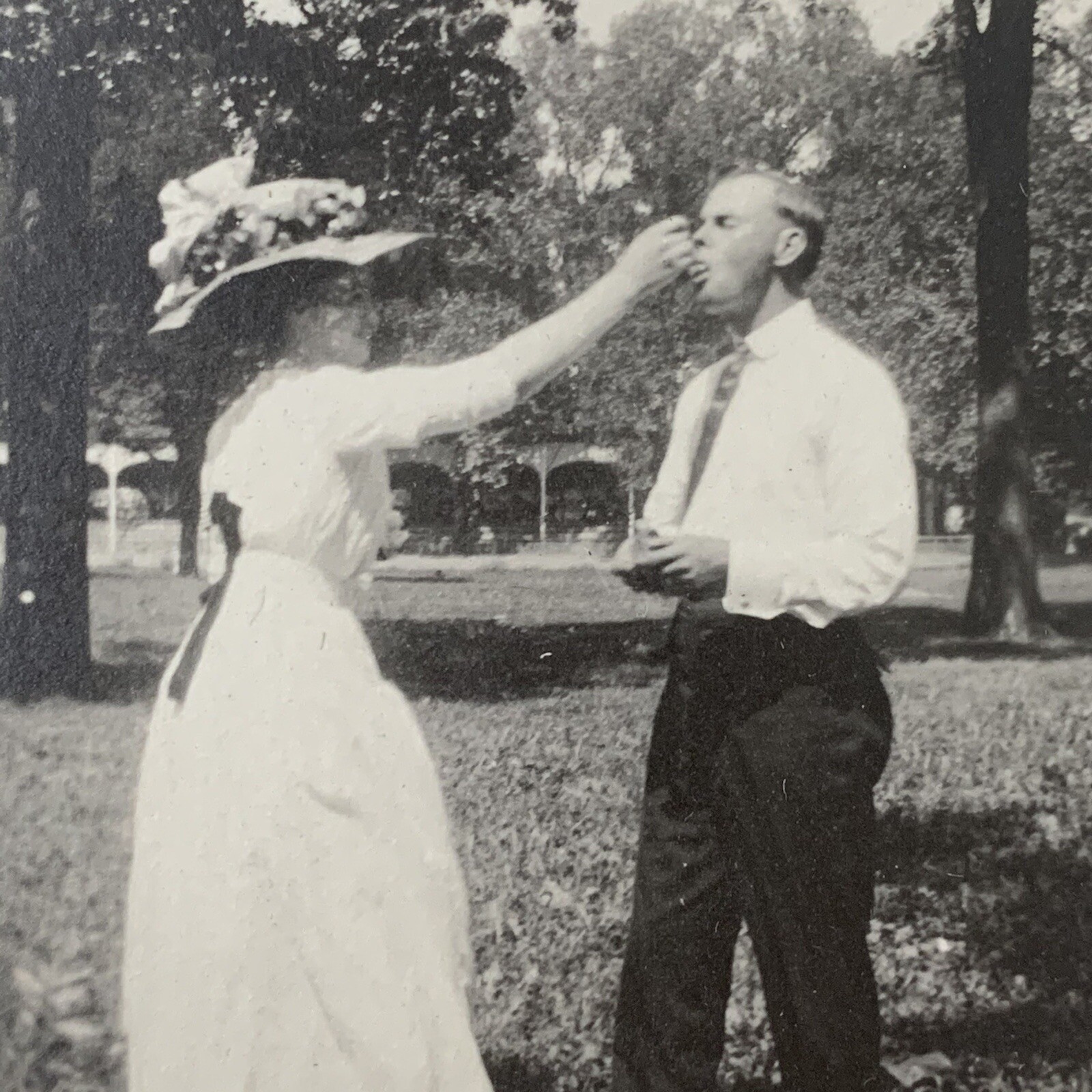Antique RPPC Real Photograph Postcard Woman Feeding Man Silly Romantic Hat
