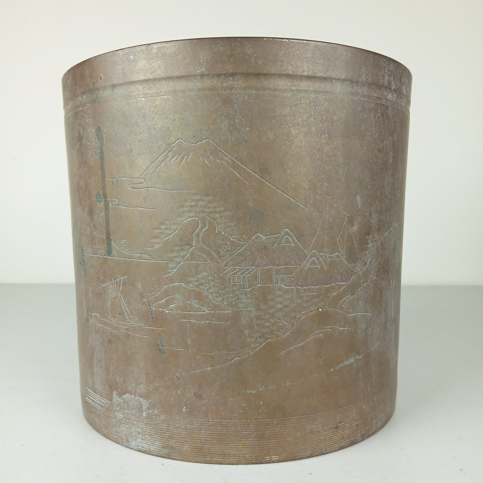 Antique Japanese Brass Planter Pot Inscribed Coastal Scene Old Natural Patina Antique Japanese Brass Planter Pot Inscribed Coastal Scene Old Natural Patina