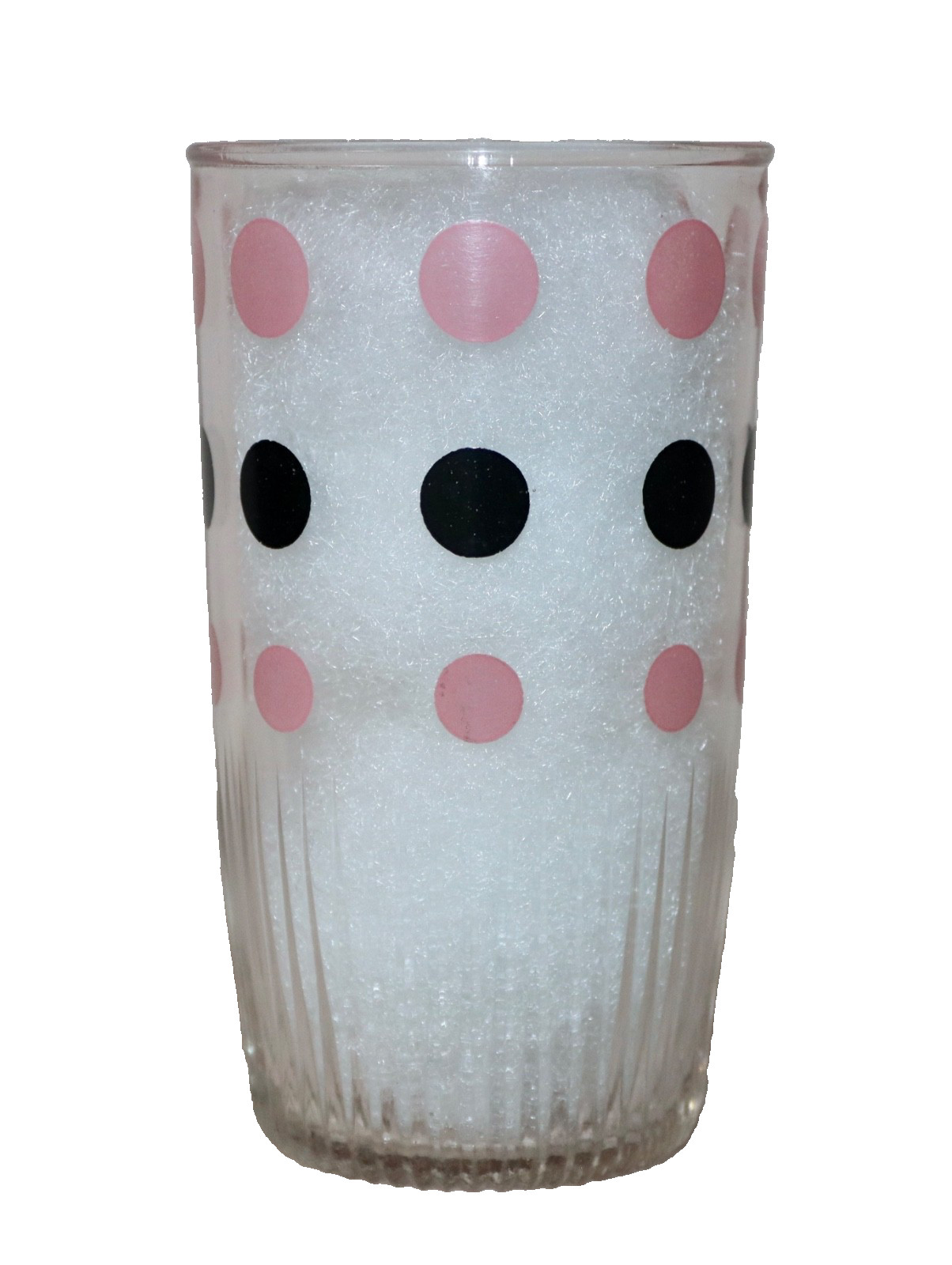 Hazel Atlas ~ #309 Pink & Black Dots .5 Pint Sour Cream Jar 1950’s Ribbed Bottom