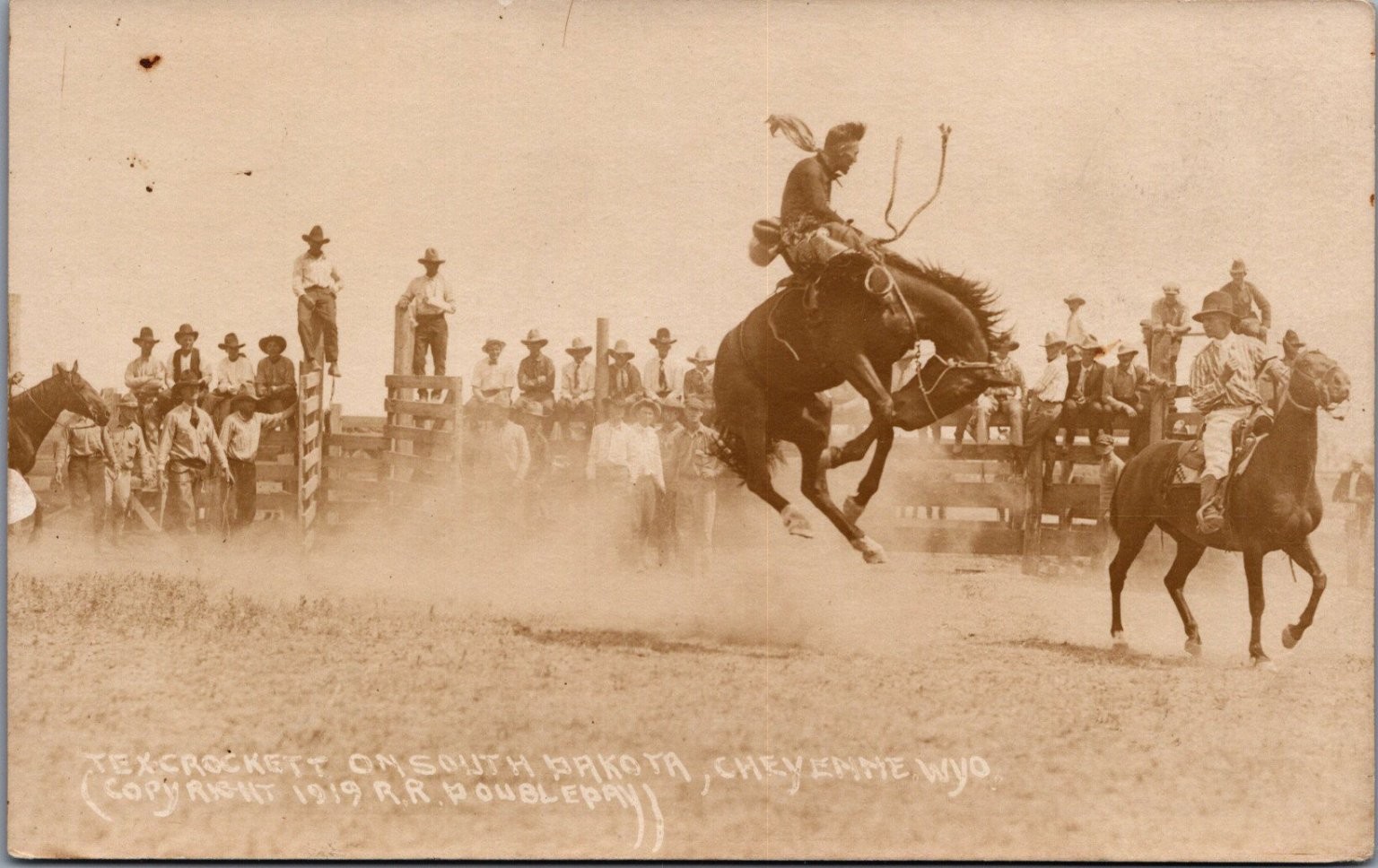 Tex Crockett Bronc Riding RPPC 1919 Rodeo Cheyenne WY R.R. Doubleday Tex Crockett Bronc Riding RPPC 1919 Rodeo Cheyenne WY R.R. Doubleday