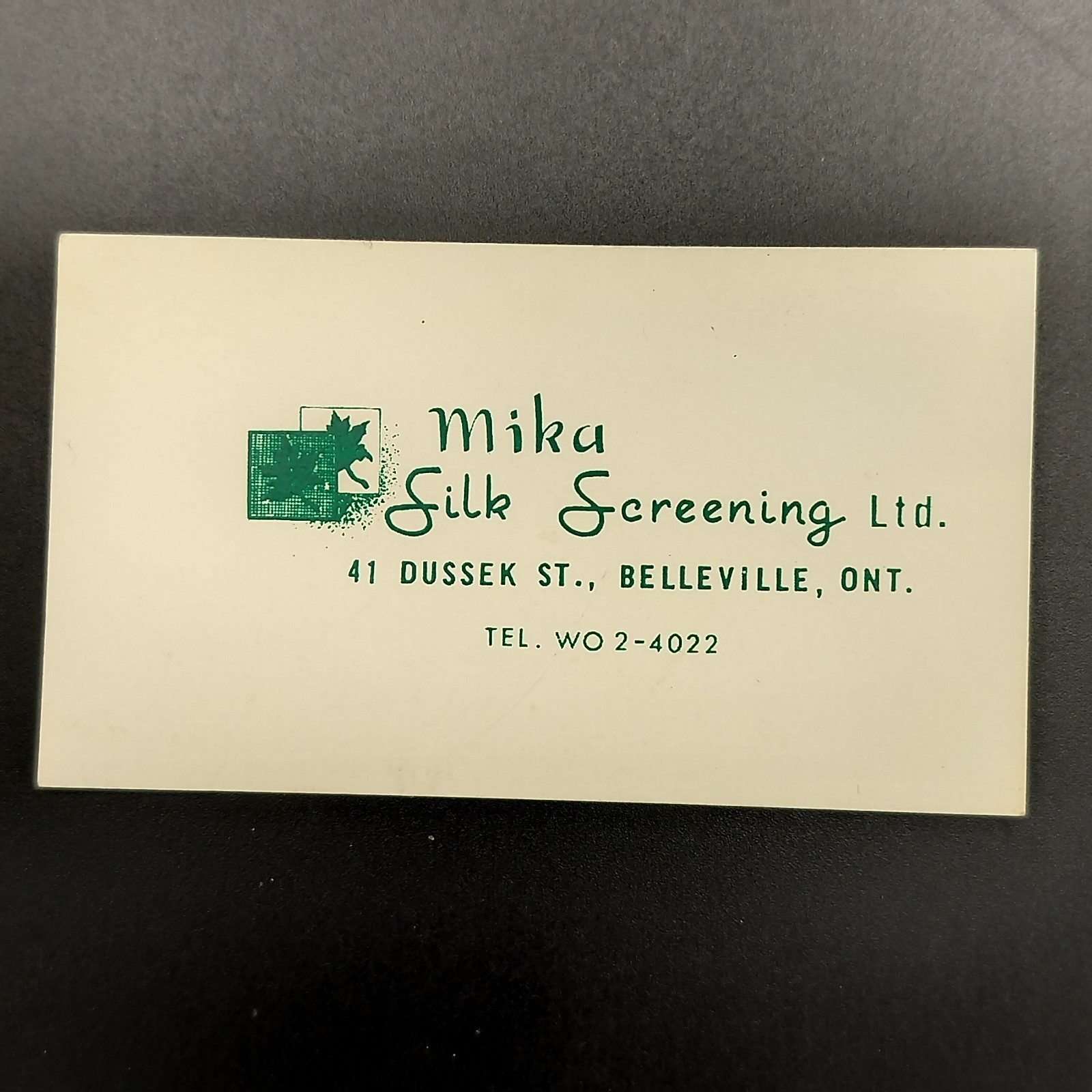 Vintage Mika Silk Screening Ltd. Belleville Ontario Business Card 1940s-50s Vintage Mika Silk Screening Ltd. Belleville Ontario Business Card 1940s-50s