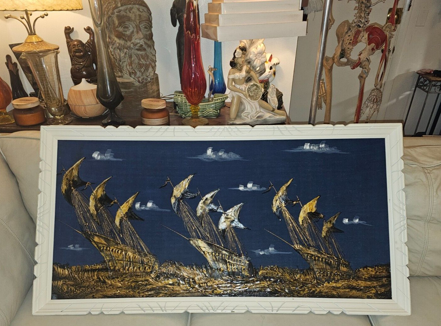 Vintage 1960s Mid Century BLUE Velvet Painting Conquistadors Galleons 47