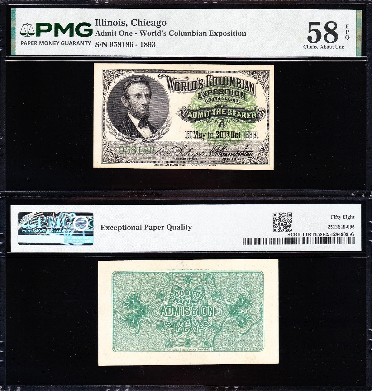 RARE High Grade 1893 Chicago World's Columbian Expo LINCOLN Ticket PMG 58 EPQ