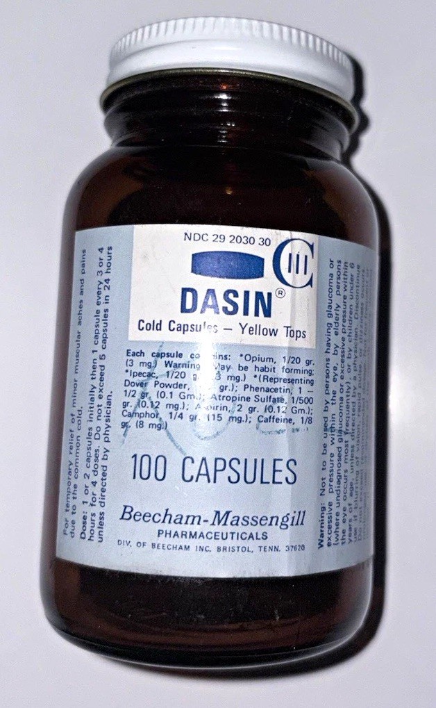 VINTAGE EMPTY PHARMACEUTICAL BOTTLE - ‘DASIN’ OPIUM NARCOTIC COLD CAPSULES VINTAGE EMPTY PHARMACEUTICAL BOTTLE - ‘DASIN’ OPIUM NARCOTIC COLD CAPSULES