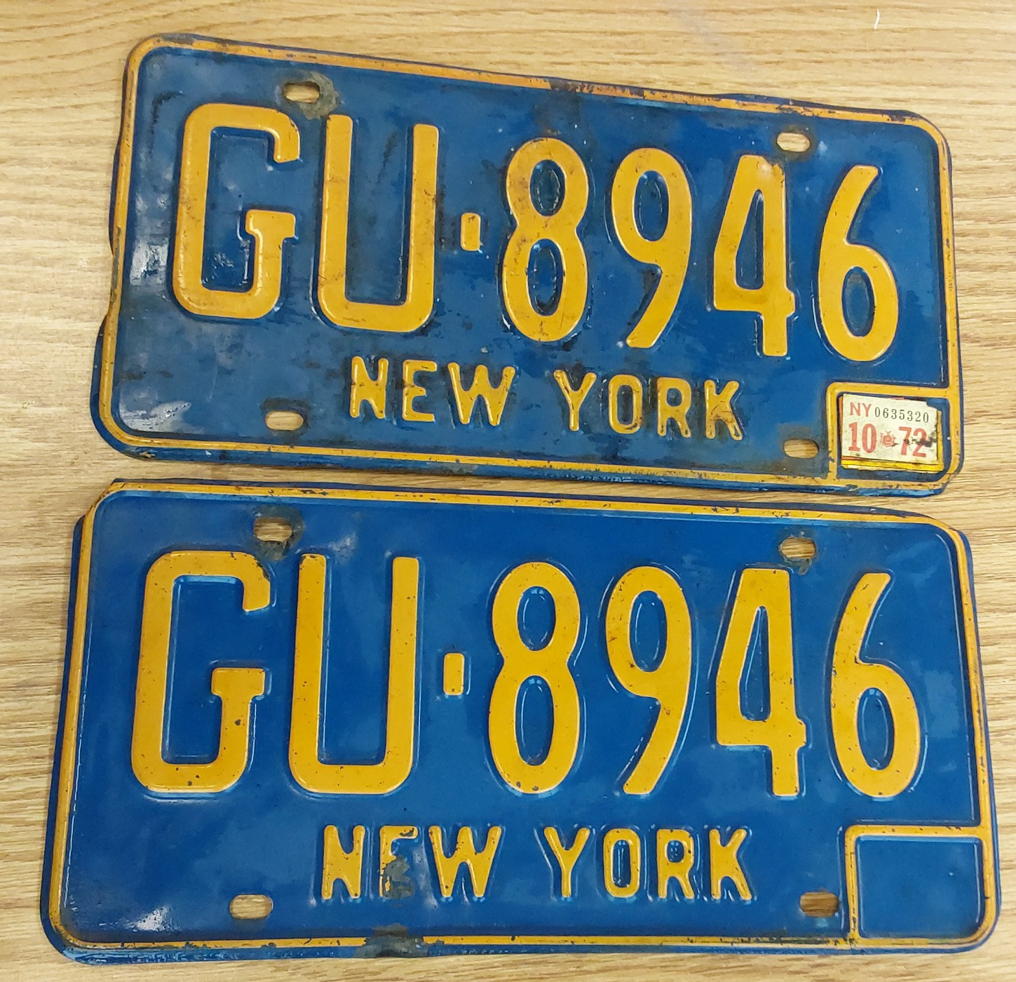 Vintage 1970 1971 1972 New York License Plates Pair GU-8946 DMV Clear YOM Pair