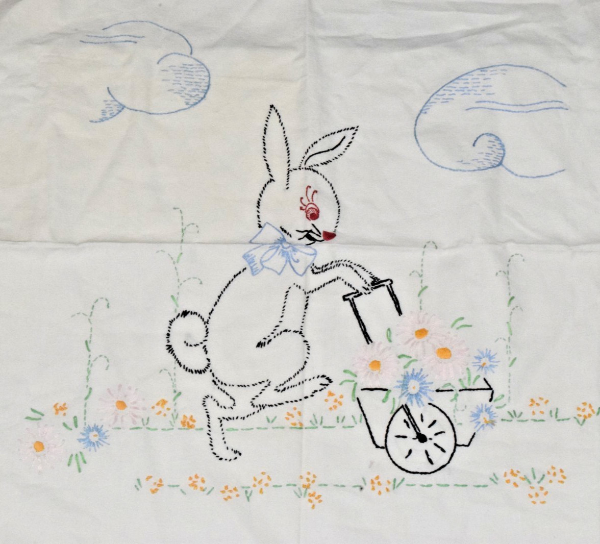 Vintage Fabric Crib Sheet 1950s Rabbit Strolls With Flower Cart 48.5 X 32.5 Inch