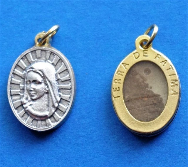 Medal With Contents from Fatima Where Our Lady Appeared, 2 Holy Cards Plus Relic