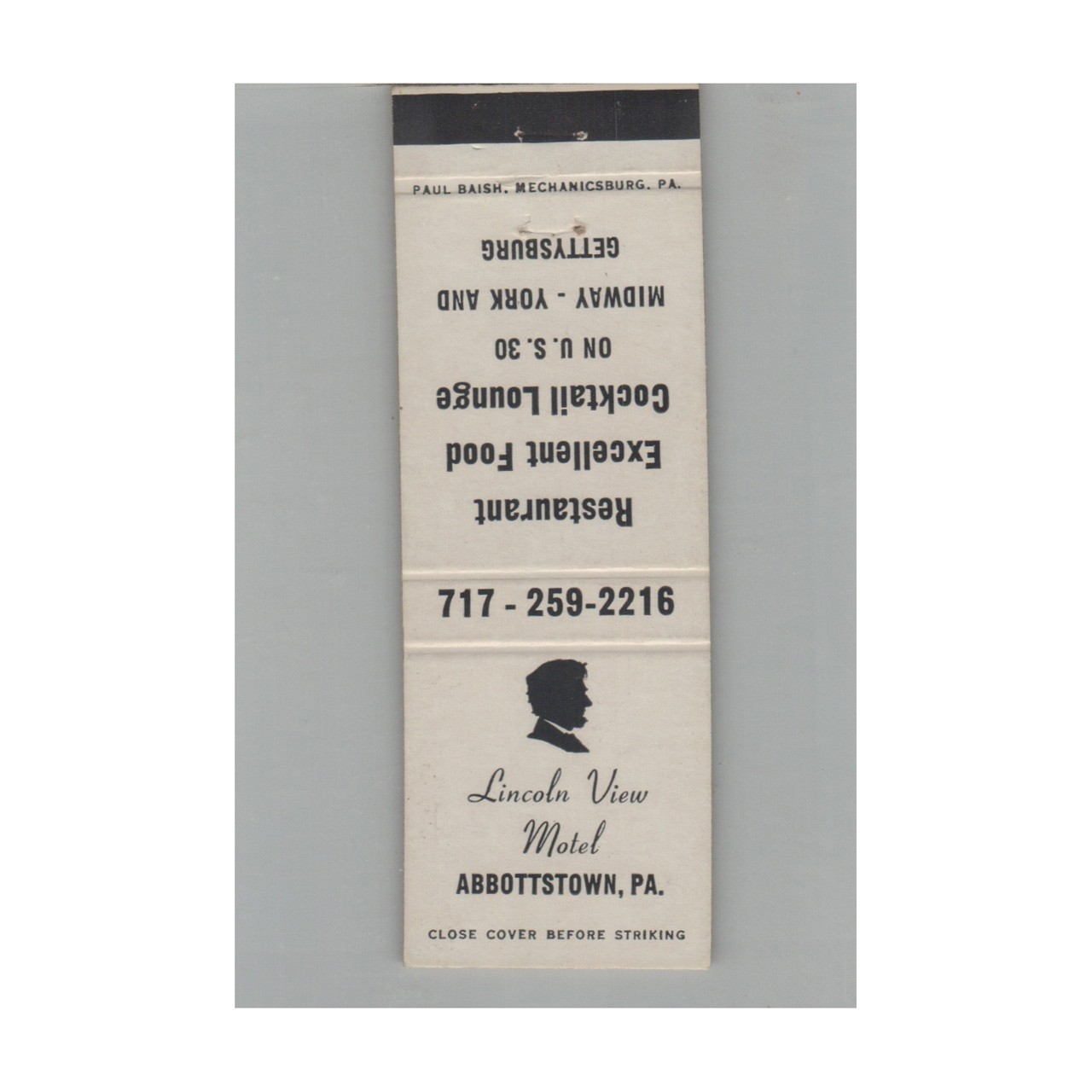 Matchbook Cover Lincoln View Motel Abbottstown PA