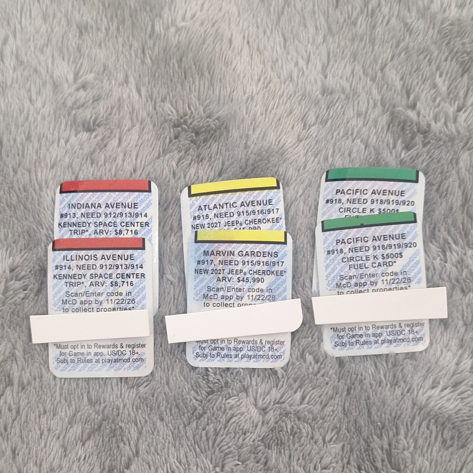 McDonald\'s Monopoly 2024 Lot of 3 Game Pieces - Indiana, Atlantic, Pacific Ave McDonald\'s Monopoly 2024 Lot of 3 Game Pieces - Indiana, Atlantic, Pacific Ave